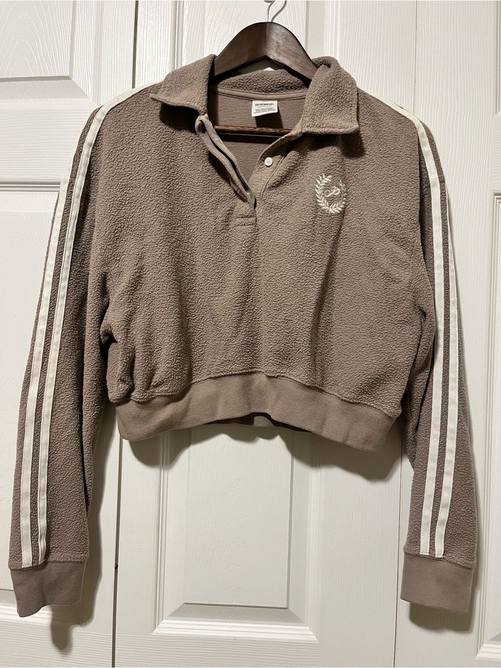 PINK Victoria's Secret Cropped Taupe Fleece Polo with White Stripes